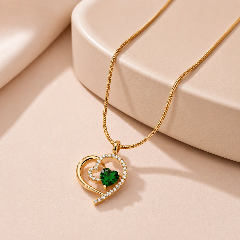 Green Emerald Heart Pendant Necklace - Anti-Tarnish Gold Plated