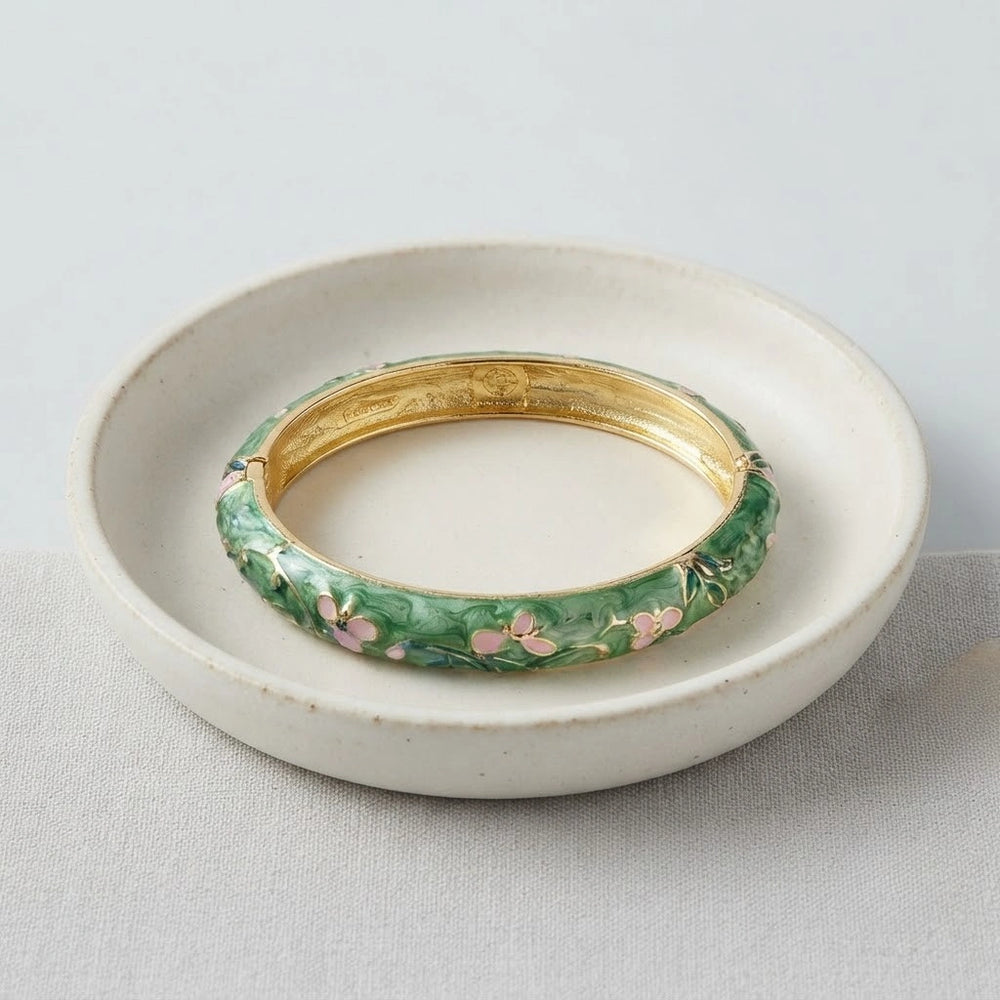 Green Enamel Floral Bangle | Vintage Gold Plated Bracelet