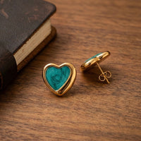 Emerald Green Enamel Heart Stud Earrings | Gold Tone Fashion Jewelry