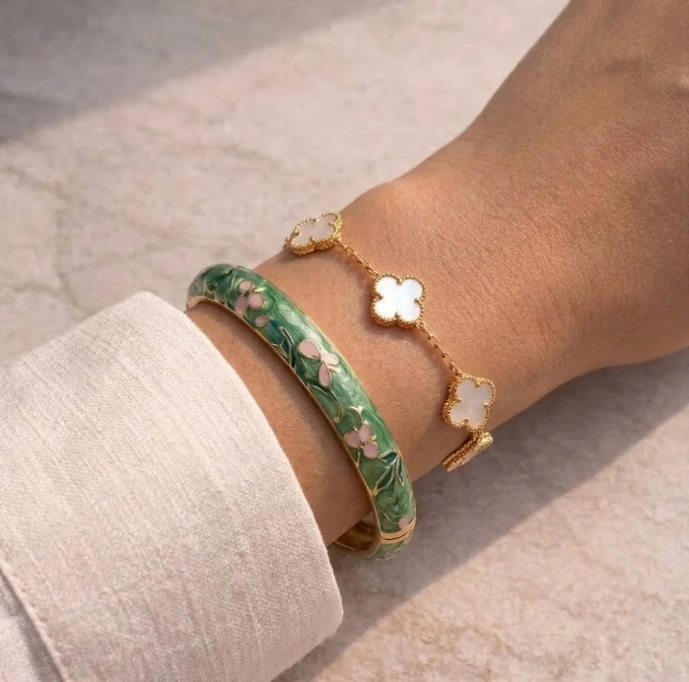 Green Floral Bangle & White Clover Bracelet Stack | Anti-Tarnish Gold Plated