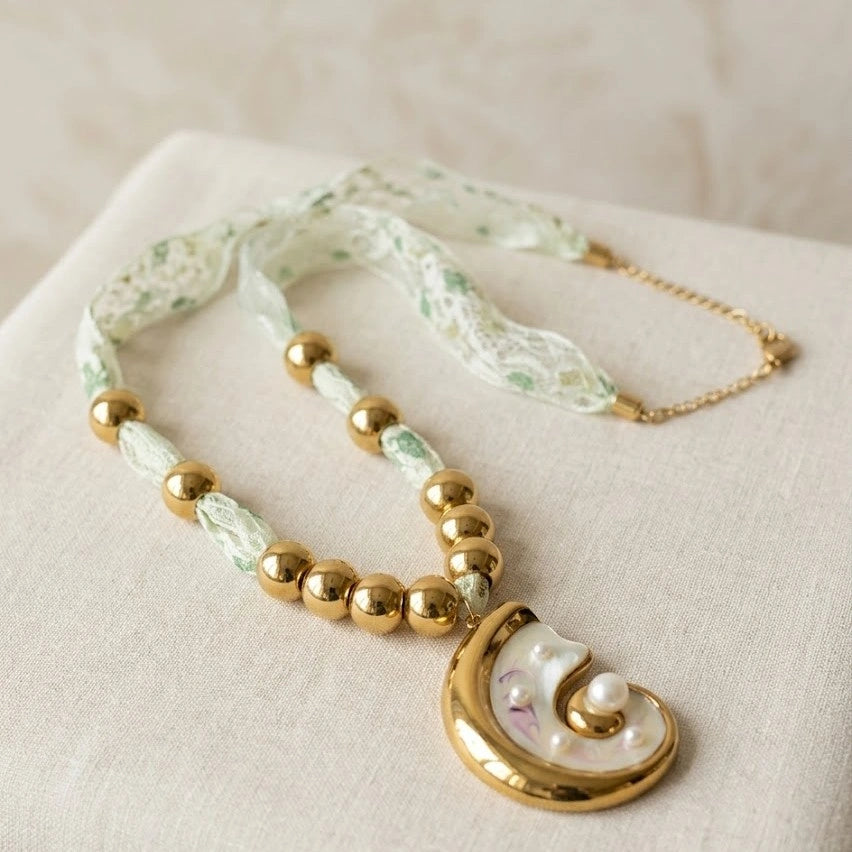 Vintage Swirl Pearl Pendant Ribbon Necklace - Anti-Tarnish Gold Plated