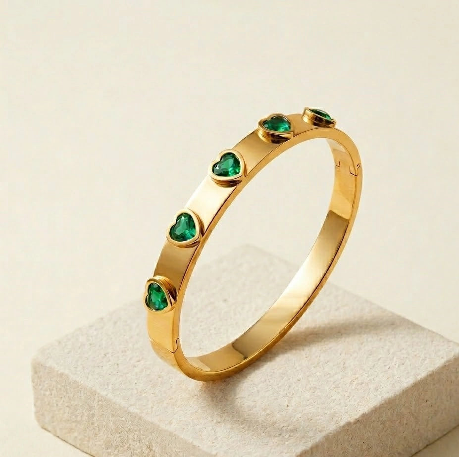 Emerald Heart & Minimalist Nail Bangle Stack - Anti-Tarnish Gold Plated