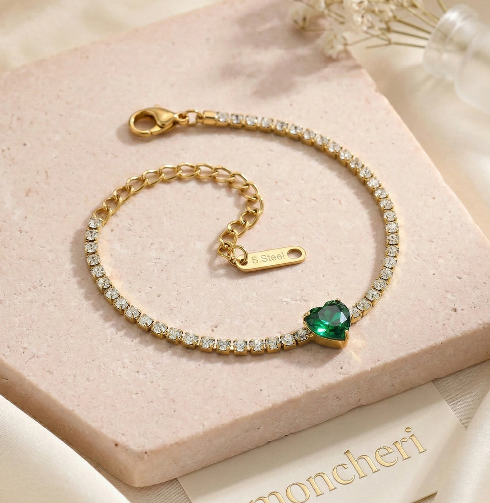 Emerald Green Heart Tennis Bracelet - Anti-Tarnish Gold Plated