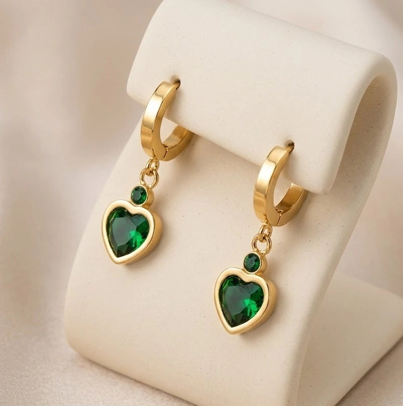 Emerald Green Heart Drop Hoop Earrings - Anti Tarnish Fashion Jewelry