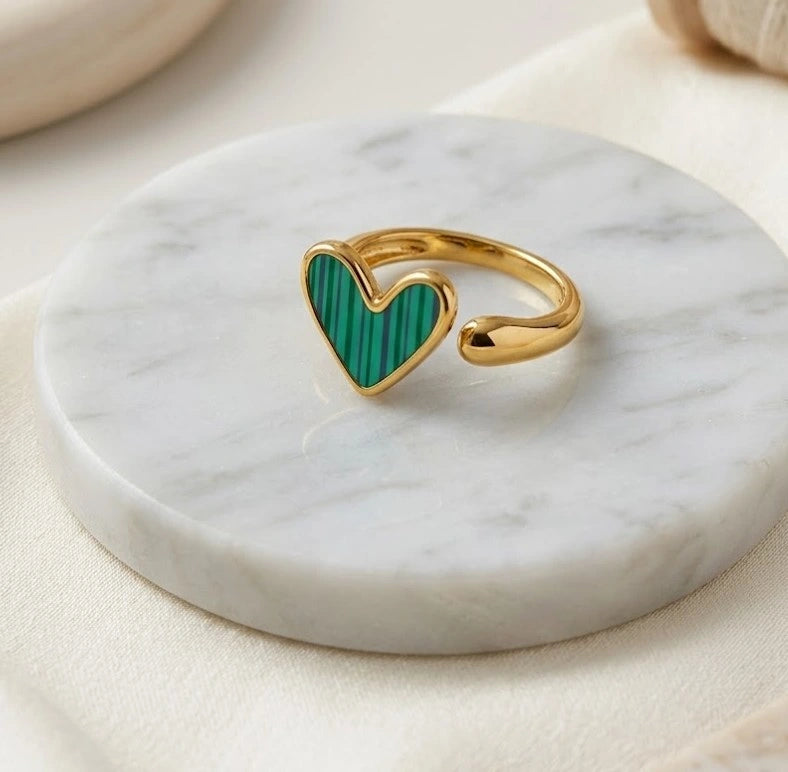 Green Malachite Heart Ring - Adjustable Gold Fashion Ring