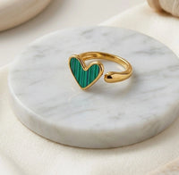 Green Malachite Heart Ring - Adjustable Gold Fashion Ring
