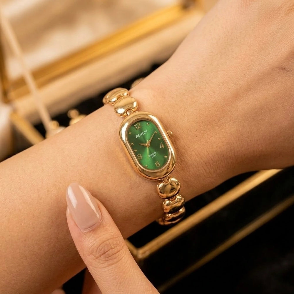 Vintage Emerald Green Oval Watch | Anti-Tarnish Gold Plated