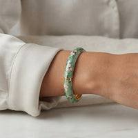 Green Enamel Floral Bangle | Vintage Gold Plated Bracelet