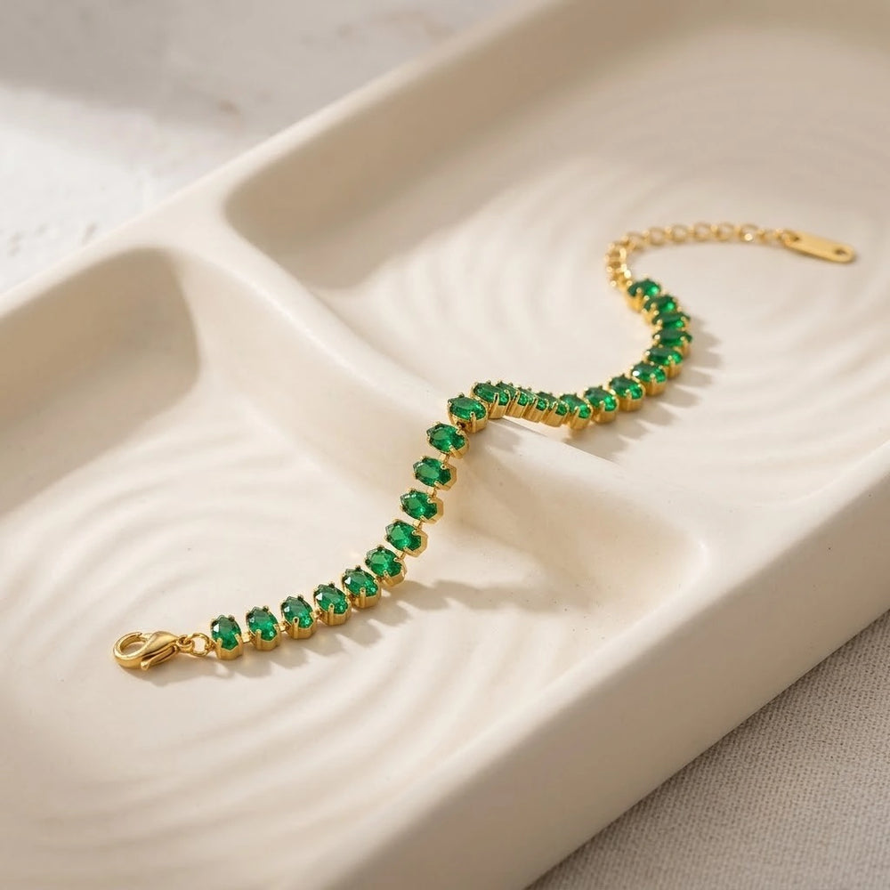 Emerald Green Stone Tennis Bracelet - Anti-Tarnish Gold Plated