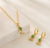 Green Teardrop Necklace & Earring Set - Anti Tarnish Gold Plated-Tulip
