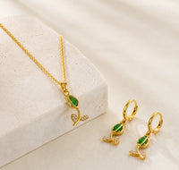 Green Teardrop Necklace & Earring Set - Anti Tarnish Gold Plated-Tulip