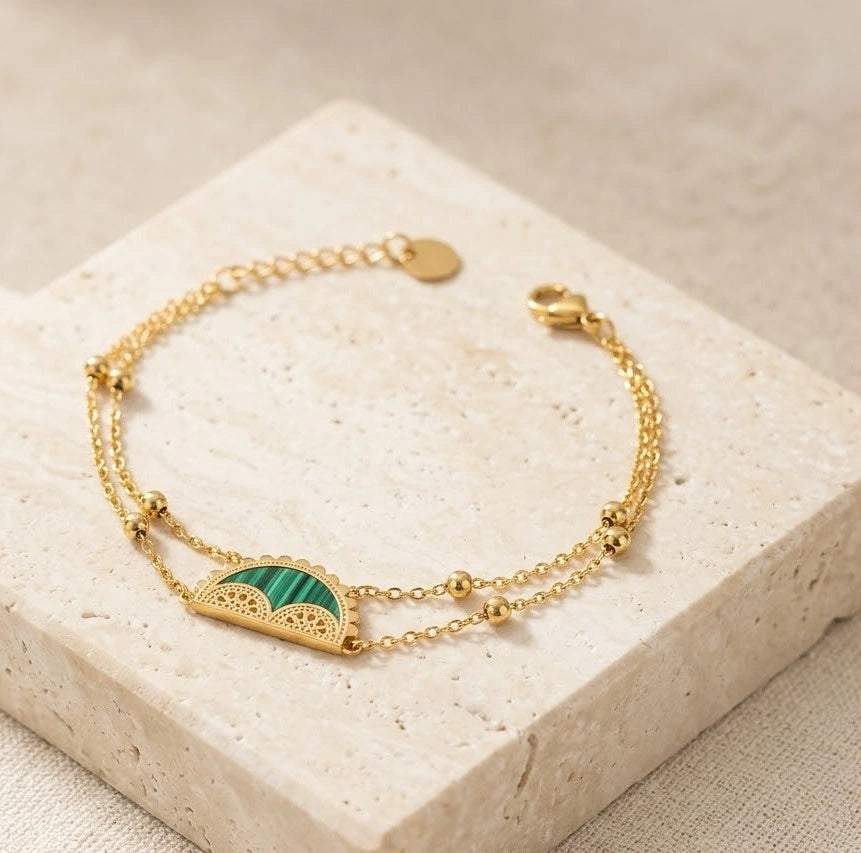 Green Stone Semi-Circle Double Layer Gold Plated Bracelet | Anti-Tarnish