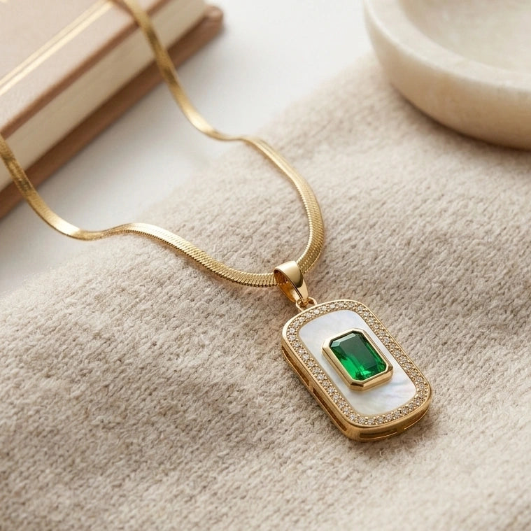 Emerald Green Rectangle Pendant Necklace - Anti Tarnish Gold Plated