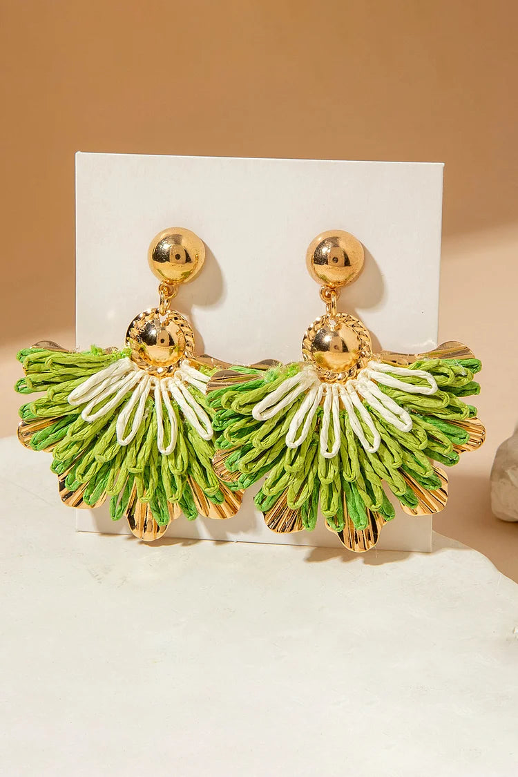 Boho Green Fringe Fan Statement Earrings - Tropical Tassel Drops