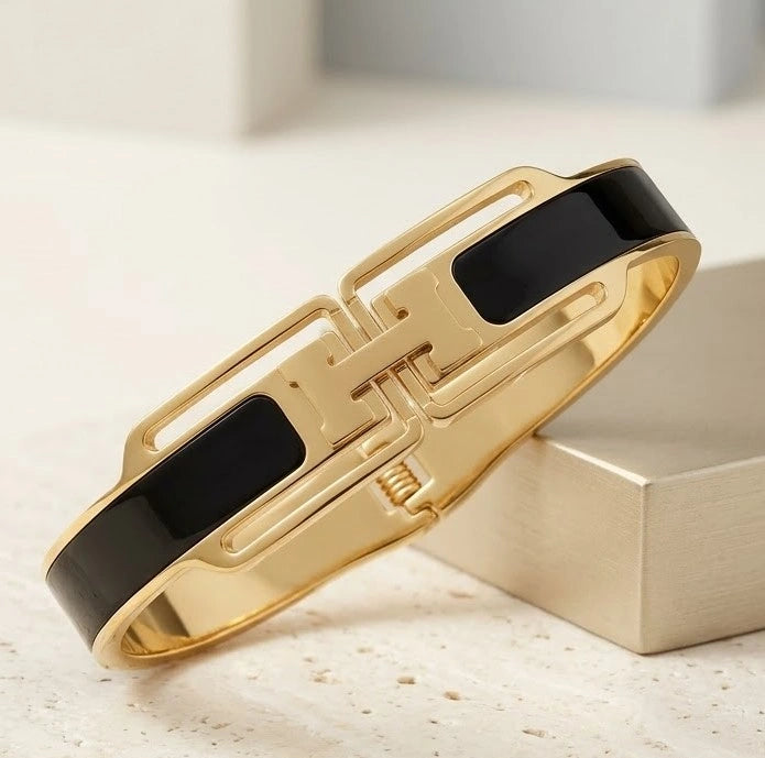 H Design Geometric Black & Anti Tarnish Gold Plated Bracelet | Moncheri Jewels