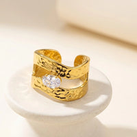 Hammered Double Band Adjustable Ring with Oval Stone | Anti-Tarnish Fashion Jewelry