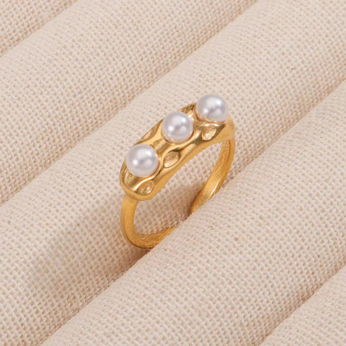Textured Triple Pearl Anti-Tarnish Ring - 18K Gold Plated Adjustable Band