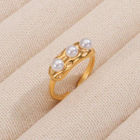 Textured Triple Pearl Anti-Tarnish Ring - 18K Gold Plated Adjustable Band