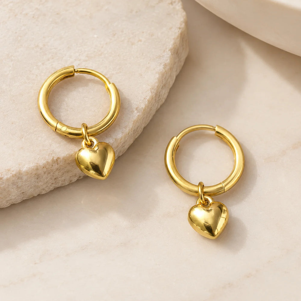 Heart Charm Hoop Earrings - Anti Tarnish Gold Plated | Moncheri Jewels
