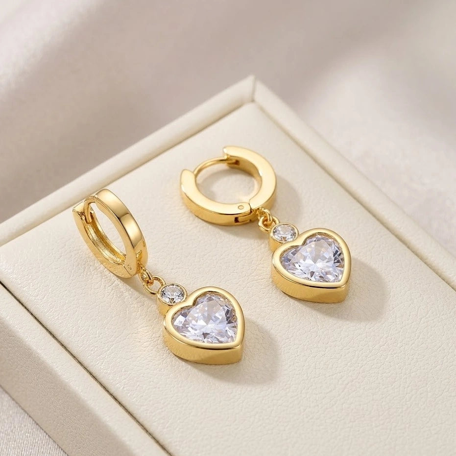 Anti Tarnish Heart Drop Earrings with Zirconia Stones