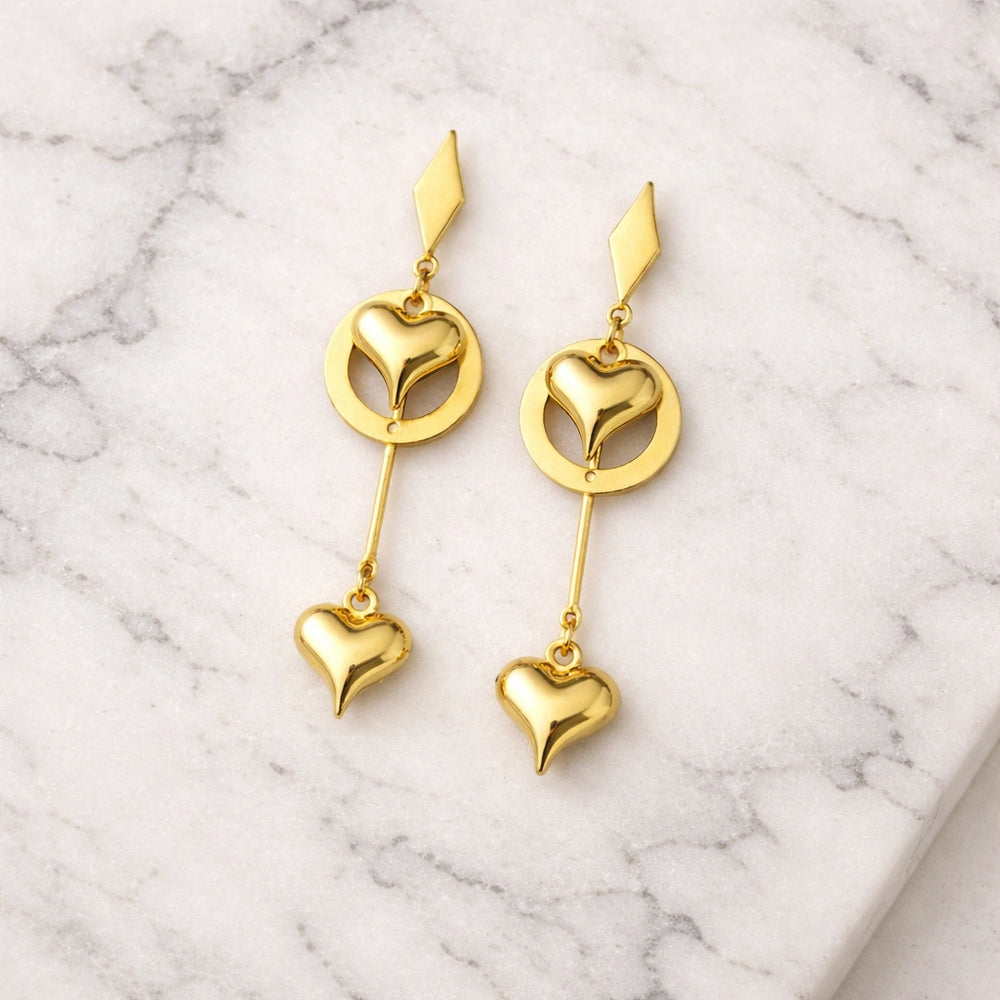 Double Heart Drop Earrings - Anti Tarnish Gold Plated