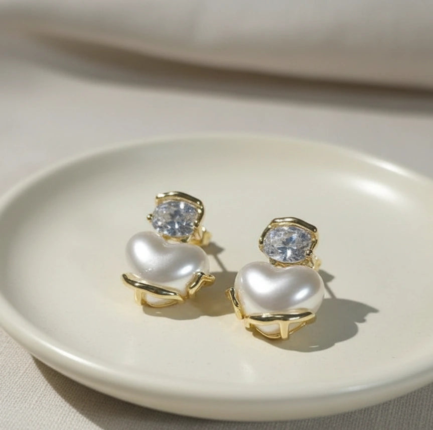 Heart Pearl Drop Earrings with Crystal Stud | High Quality Fashion Earring