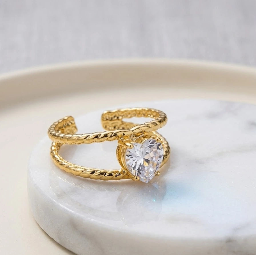 Heart Shaped Zircon Adjustable Ring - Twisted Double Band Anti-Tarnis
