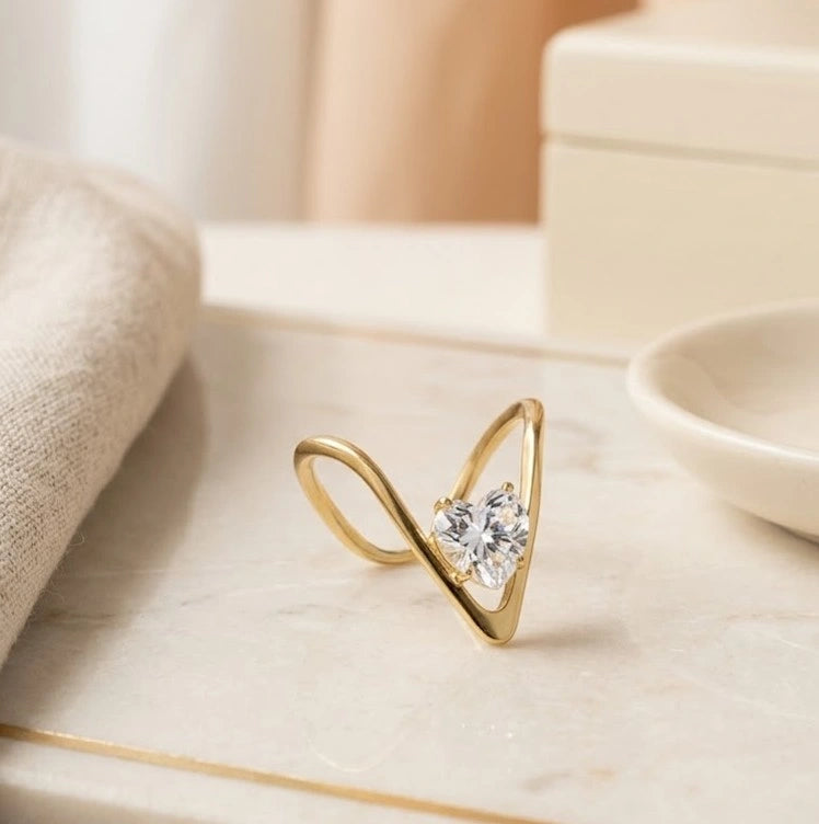 Chevron V-Shape Heart Ring | Anti-Tarnish Gold Plated