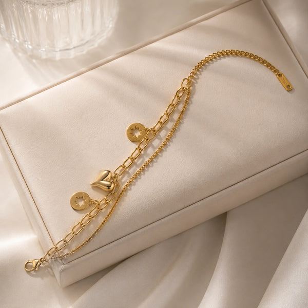 Heart and star double layer charm bracelet gold plated front view