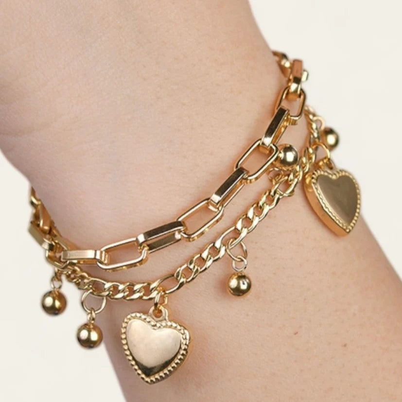 Dual Layer Heart Charm Anti Tarnish Gold Plated Bracelet