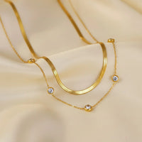 Double Layer Herringbone Snake Chain & Crystal Station Necklace - Gold Plated Anti-Tarnish