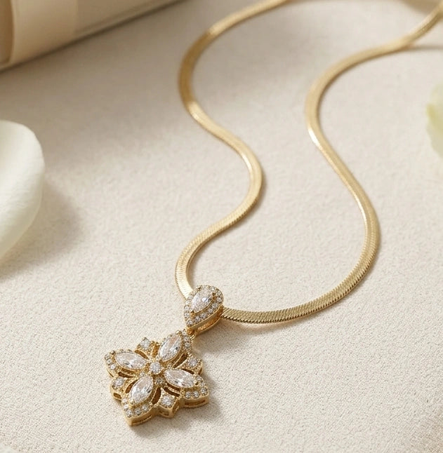 Elegant Floral American Diamond Necklace - Anti Tarnish Gold Plated
