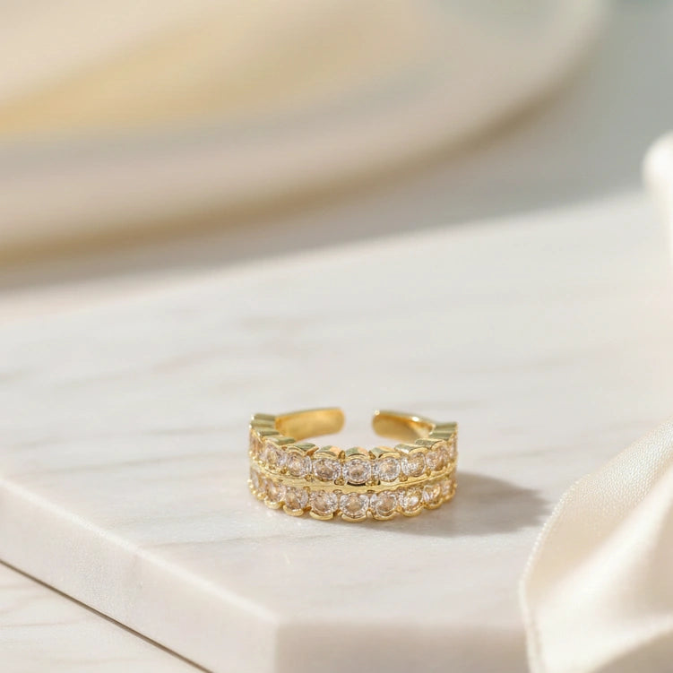 Premium Gold Plated Double Row CZ Adjustable Fashion Ring for Women