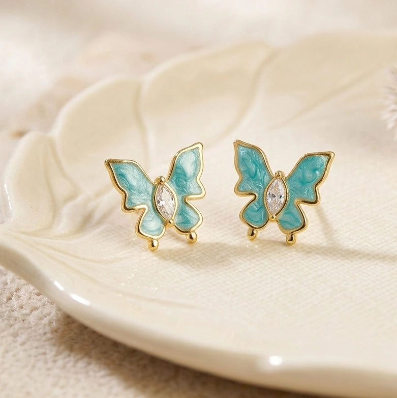 Teal Enamel Butterfly Stud Earrings | High-Quality Fashion Jewelry