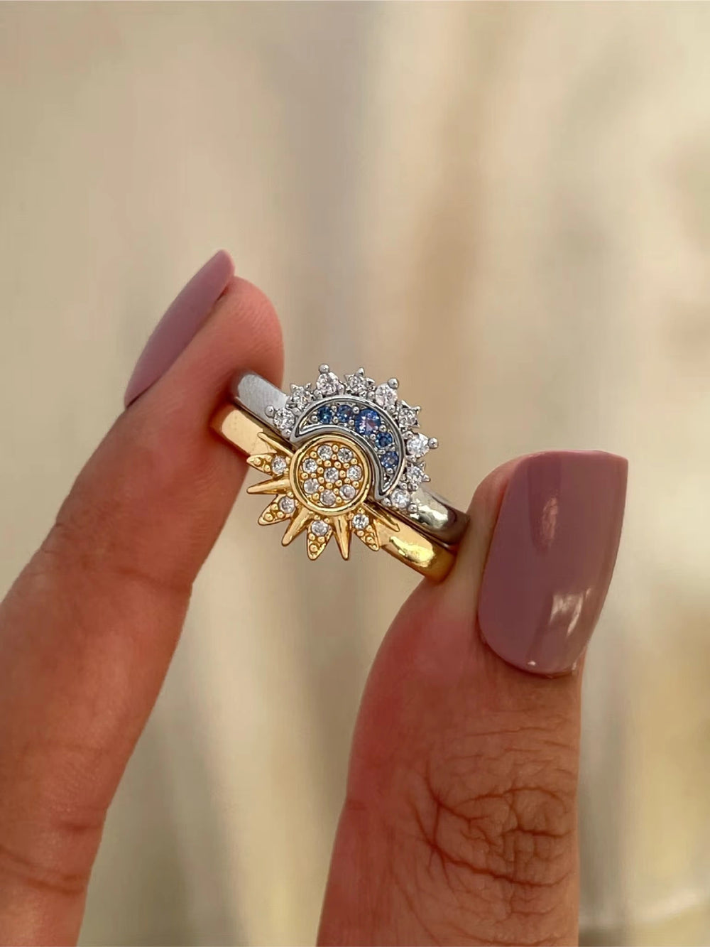 Sun & Moon Celestial Stackable Ring Set | Dual-Tone Fashion Jewelry
