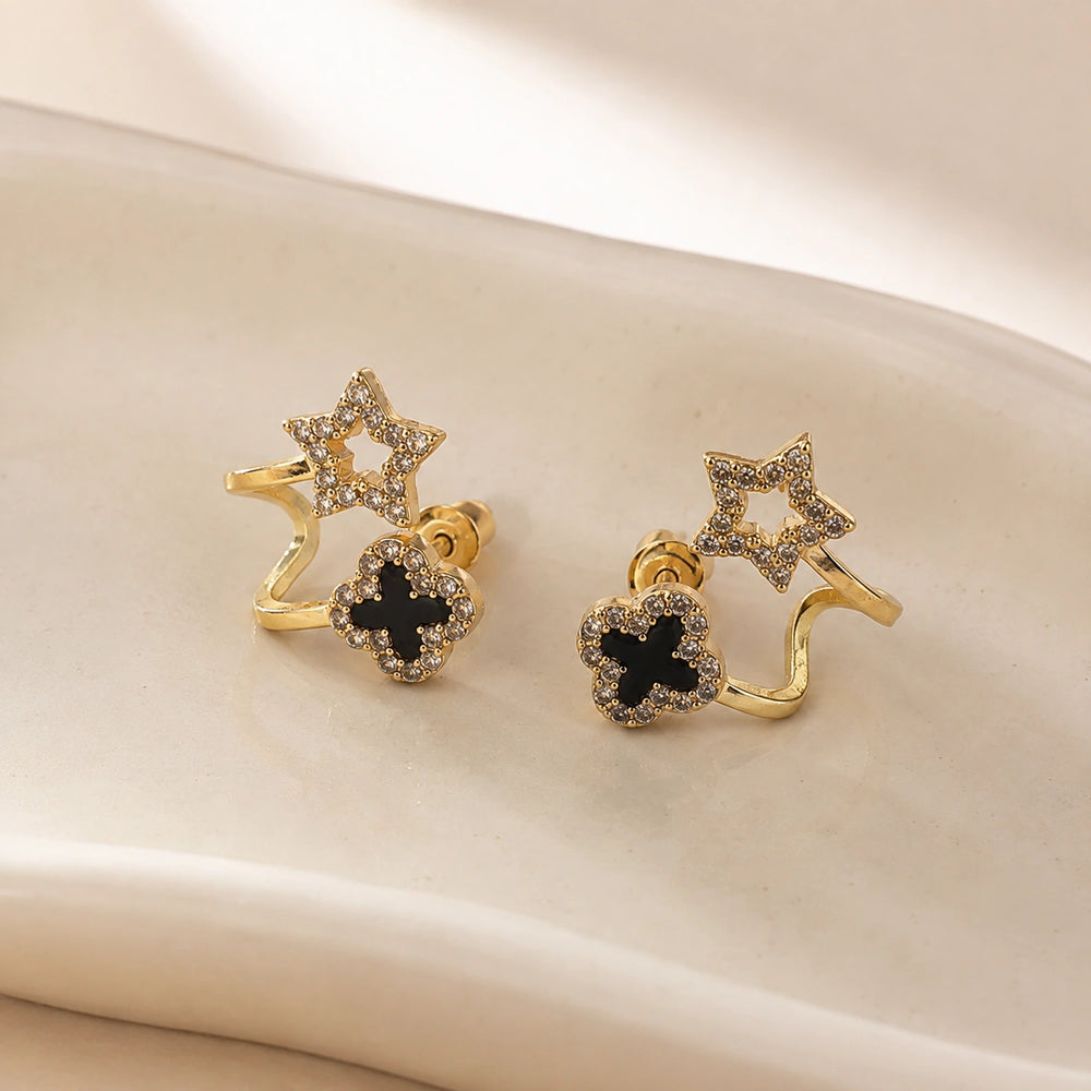 Black Clover & Star Crystal Earrings | High Qualityd  Fashion Jewelry