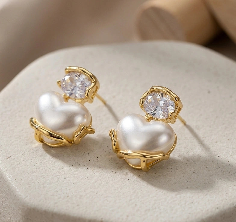 Heart Pearl Drop Earrings with Crystal Stud | High Quality Fashion Earring