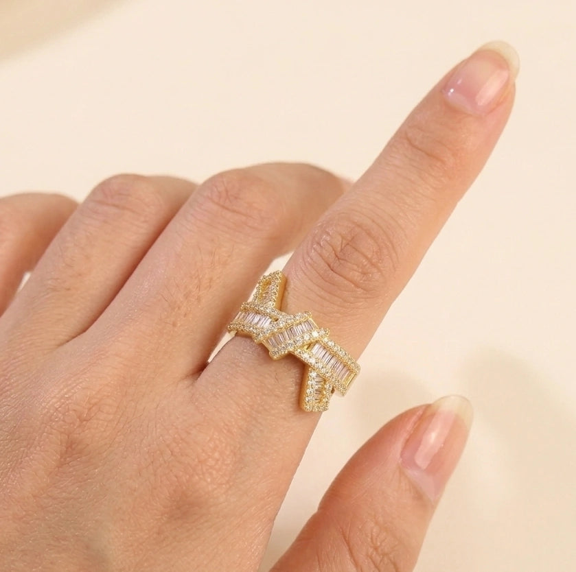 Designer Criss Cross Baguette Ring - Adjustable Gold Plated Fashion Jewelry