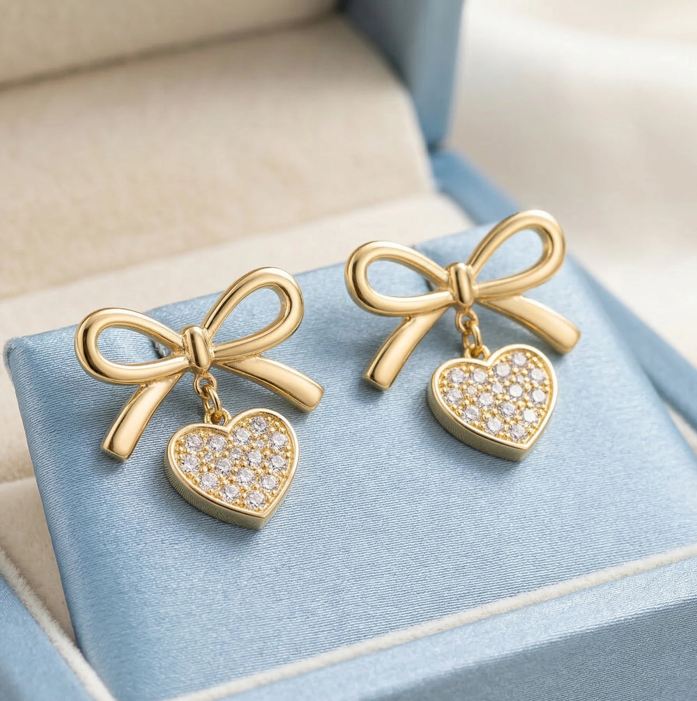 Premium Gold Bow and Crystal Heart Drop Earrings for Women