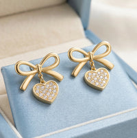 Premium Gold Bow and Crystal Heart Drop Earrings for Women