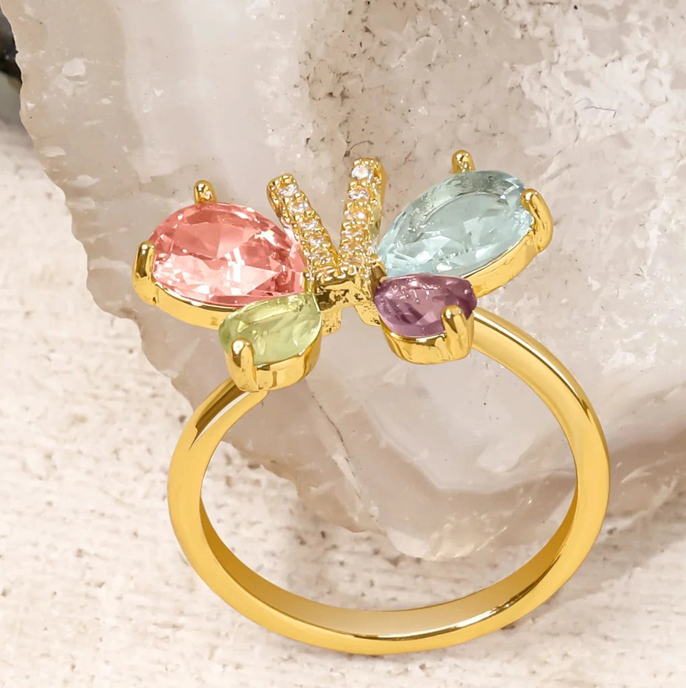 Pastel Butterfly Statement Ring | Multi-Color Rhinestone Fashion Jewelry