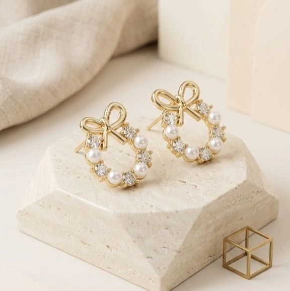 Pearl Bow Wreath Crystal Stud Earrings - Dainty Coquette Fashion Jewelry