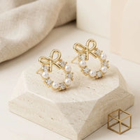 Pearl Bow Wreath Crystal Stud Earrings - Dainty Coquette Fashion Jewelry