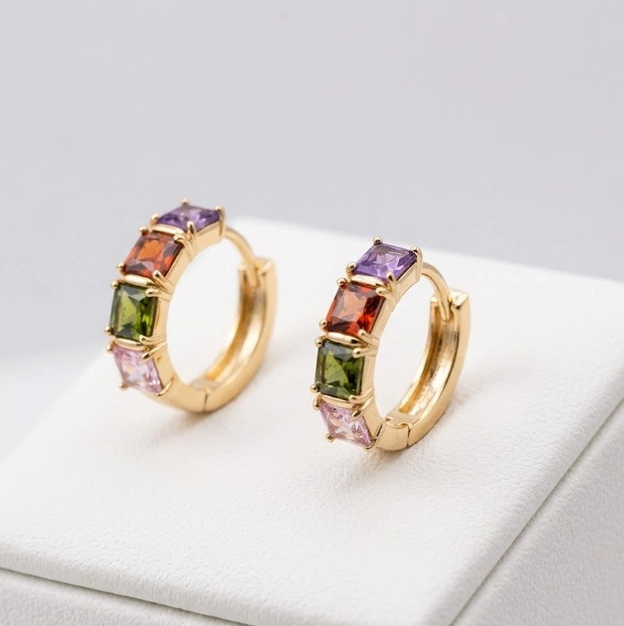 Multi-Color Stone Gold Hoop Earrings - Premium Korean Fashion