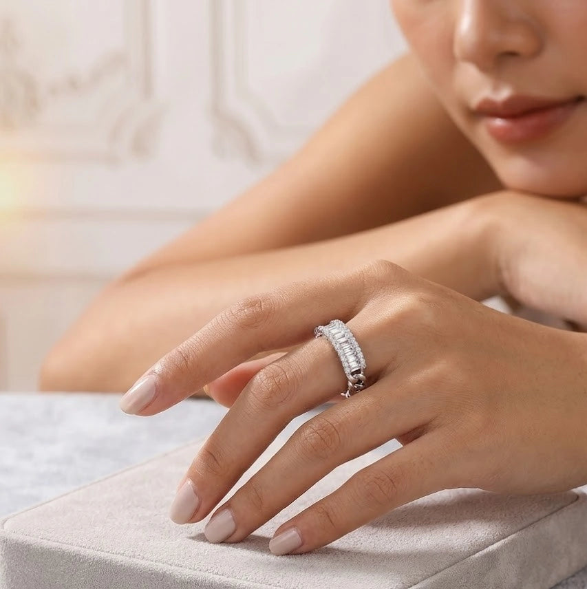 Baguette Crystal Chain Link Ring - Adjustable Silver Fashion Ring