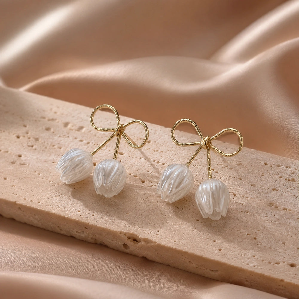 Coquette Bow & Pearl Tulip Drop Earrings - High Quality Korean Fashion Jewelry