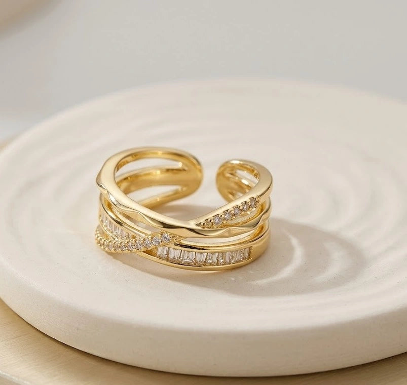Criss Cross Multi-Layer Gold Ring | Crystal Adjustable Korean Fashion Ring