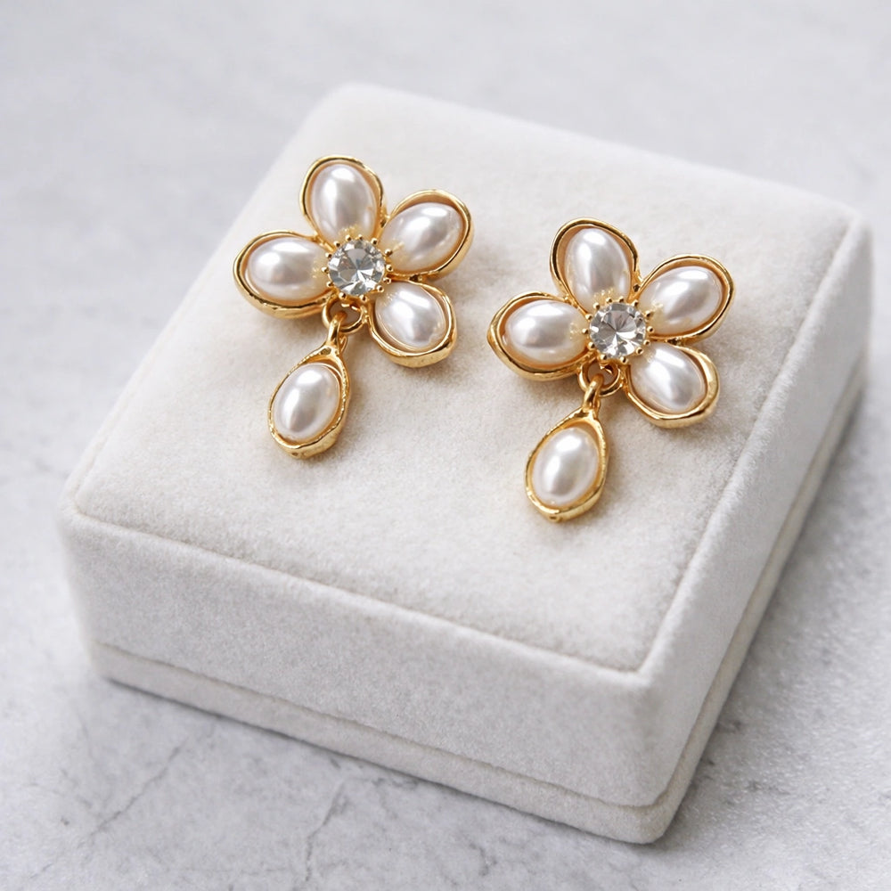 Pearl Flower Drop Earrings | Gold Floral Fashion Jewelry