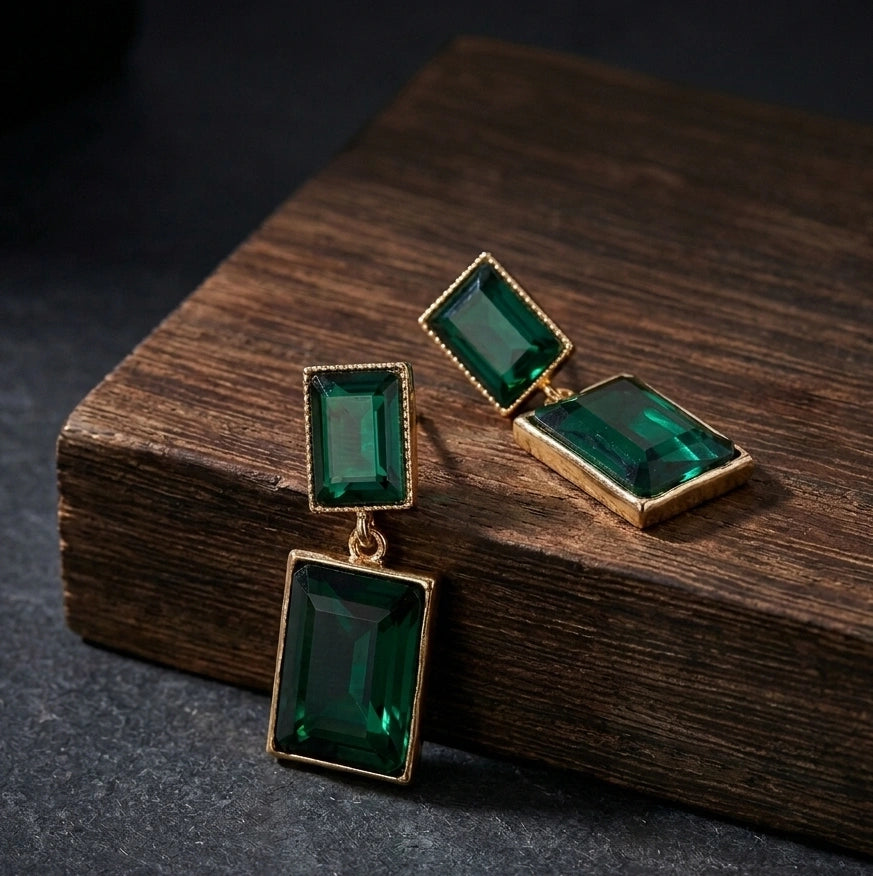 Emerald Green Rectangular Crystal Drop Earrings - Premium Gold Finish