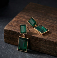 Emerald Green Rectangular Crystal Drop Earrings - Premium Gold Finish